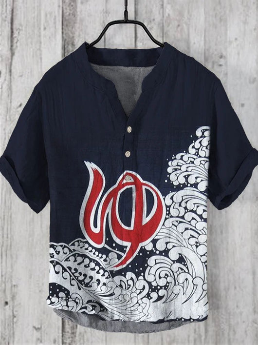 Camisa Lino Hombre Estampado Oceánico Manga Corta Suelta Casual - Image 8