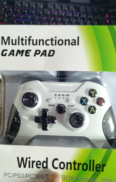 Black wired USB game controller with green accents, two joysticks, and ABXY buttons, shown with USB, USB-C, and micro-USB adapters. - Image 10
