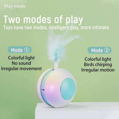 Electric pet toy ball with white and blue design, featuring a flexible arm with a blue feather teaser and a detachable feather. - Image 10