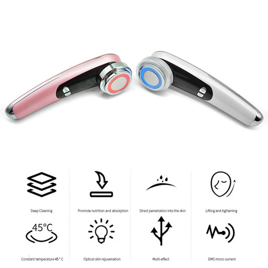 White facial massage importer with red and blue LED light ring, two 'POLYPEPTIDE' facial mask boxes, and a pink cat ear headband.