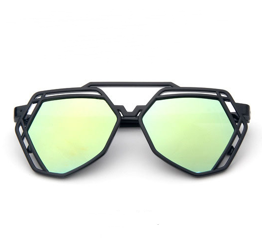 Black geometric cut-out sunglasses with blue mirrored lenses, shown from front and side angles. - Image 3