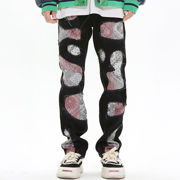 Pantalones Casuales Rectos con Parches Bordados Diseño Americano para Hombre