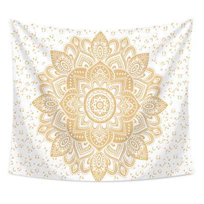 Navy blue tapestry with a large gold mandala pattern and smaller gold floral designs, made of polyester. - Image 12