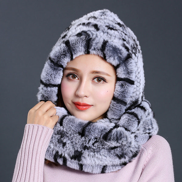 Gorro y Bufanda de Piel de Conejo Invierno Coreano para Mujer