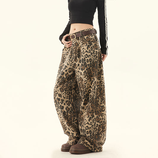 Pantalones Sueltos Talla Grande Estampado Leopardo Pierna Ancha Estilo Retro