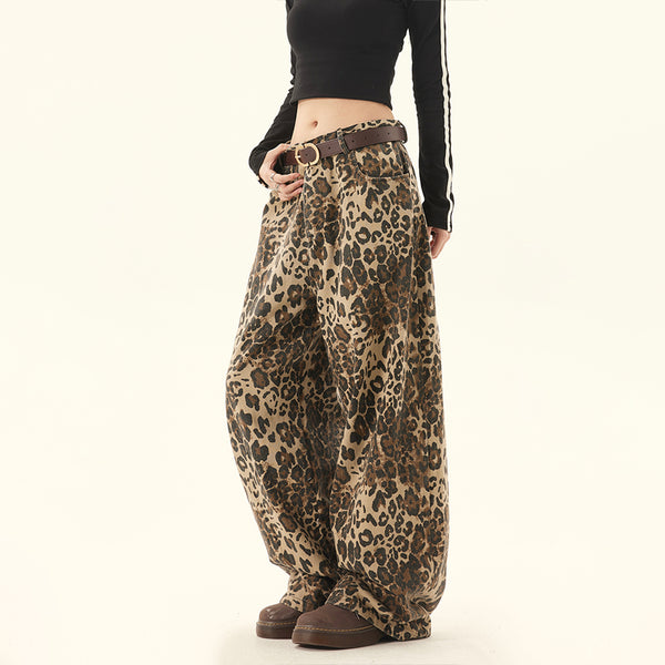 Pantalones Sueltos Talla Grande Estampado Leopardo Pierna Ancha Estilo Retro