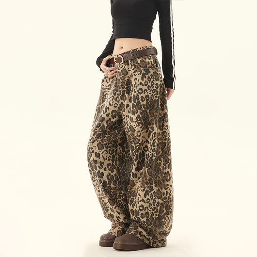 Pantalones Sueltos Talla Grande Estampado Leopardo Pierna Ancha Estilo Retro