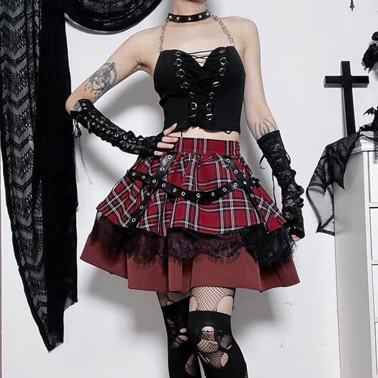 Falda Punk Goth Burbuja Y2K con Encaje y Cuadros - Estilo Hot Girl - Image 5