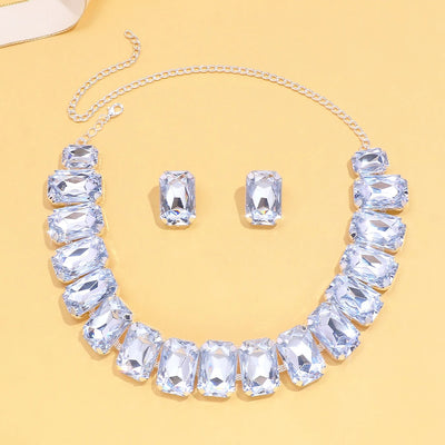 Light luxury geometric crystal necklace and square exaggerated earrings jewelry set in gold tone. - Image 14