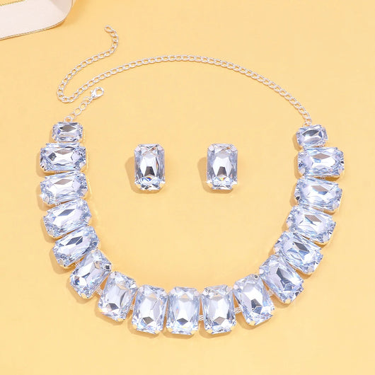 Light luxury geometric crystal necklace and square exaggerated earrings jewelry set in gold tone. - Image 14