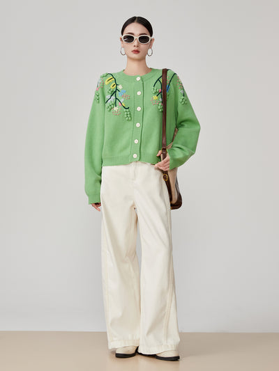 Cardigan Tejido con Bordado Tridimensional Verde para Mujer - Image 3