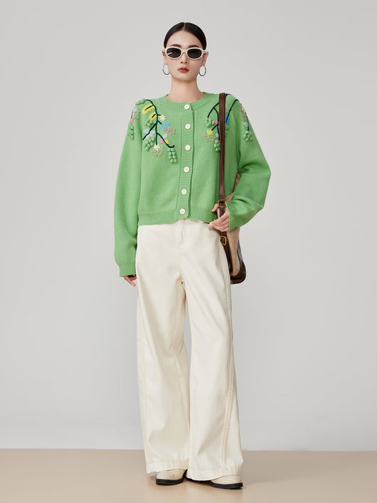 Cardigan Tejido con Bordado Tridimensional Verde para Mujer - Image 3