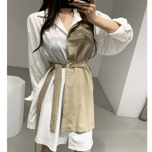 Vestido Camisa Manga Larga con Cintura Contrastante