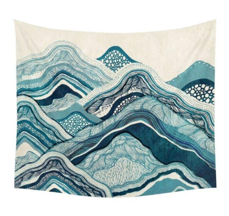 Abstract blue and white mountain landscape tapestry with intricate patterns, suitable for wall hanging decor.