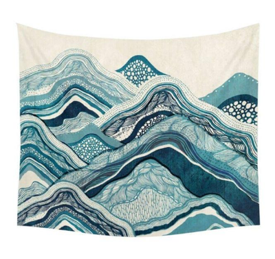 Abstract blue and white mountain landscape tapestry with intricate patterns, suitable for wall hanging decor.
