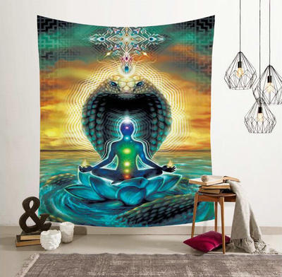 Vibrant lotus meditating tapestry with a figure in a yoga pose, chakras, and a cobra, in blue, green, orange, and yellow.