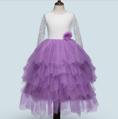 Vestido Princesa Niña Encaje Manga Larga Blanco Irregular Otoño Invierno - Image 7