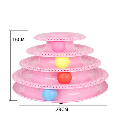 Pink four-layer cat turntable toy with colorful balls on each track, measuring 16cm high and 29cm wide. - Image 11