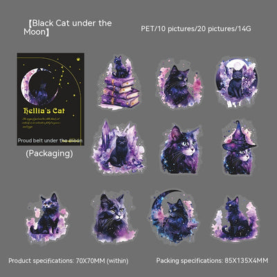 Set of die-cut PET stickers featuring various black cats with purple and blue watercolor effects, some with moons, stars, or wizard hats. - Image 4