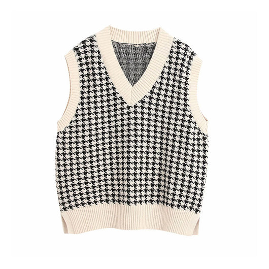 Chaleco Tejido Houndstooth Suelto para Mujer - Image 5