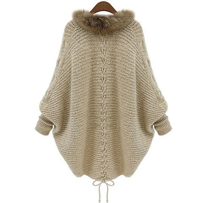 Cardigan Suelto Talla Grande con Cuello de Piel - Suéter Capa Manga Murciélago Otoño Invierno - Image 4