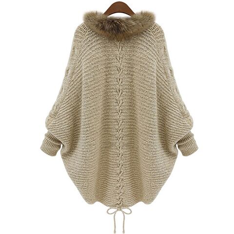 Cardigan Suelto Talla Grande con Cuello de Piel - Suéter Capa Manga Murciélago Otoño Invierno - Image 4
