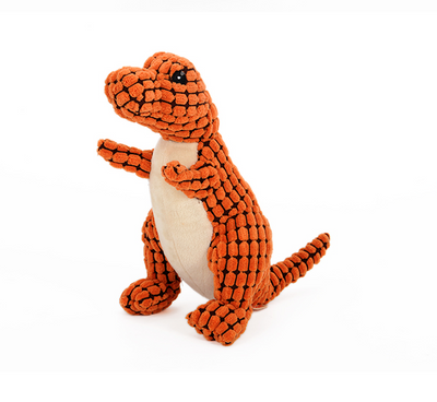 Brown textured corn velvet dinosaur plush toy with beige belly and black eyes, designed for dogs. - Image 12