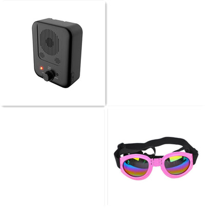 Black ultrasonic anti-barking device with a red light and a control knob, next to yellow pet goggles with rainbow lenses. - Image 18