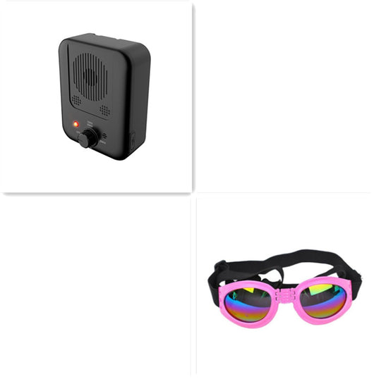 Black ultrasonic anti-barking device with a red light and a control knob, next to yellow pet goggles with rainbow lenses. - Image 18
