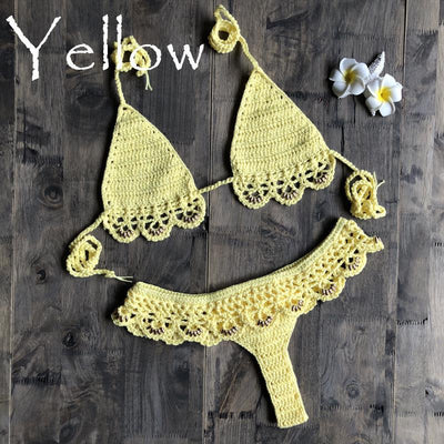 Lake green handmade crochet bikini set with gold beads, featuring a triangle top and thong bottom on wood. - Image 3
