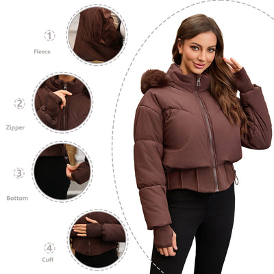 Chaqueta de Algodón Corta con Capucha y Cuello de Pelaje para Mujer - Image 19