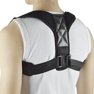 Black back shoulder spine posture corrector worn over a white long-sleeved shirt, showing adjustable straps. (2 pcs) - Image 11