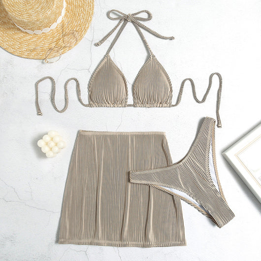 Light green ribbed bikini set featuring a triangle halter top and a matching high-waisted mini skirt. - Image 12