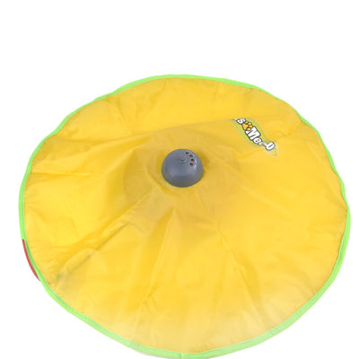 Yellow and green electric cat toy with a grey central dome, featuring the 'Cat's Meow' logo.