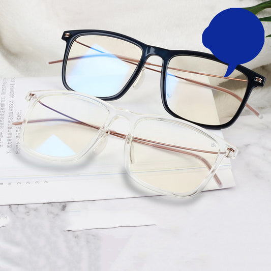 Two pairs of clear rectangular anti-blue light glasses with thin rose gold temples on a white background.