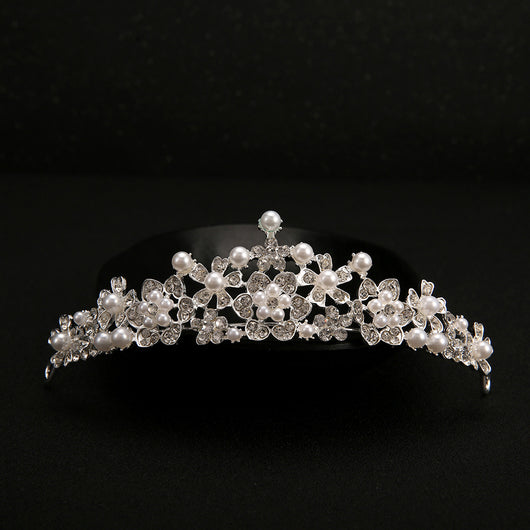 Bridal jewelry set with a silver-tone necklace and matching drop earrings, featuring crystal flowers and faux pearls. - Image 6