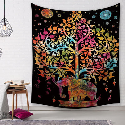 Colorful elephant and tree of life tapestry on a black background, featuring vibrant pink, orange, yellow, and blue hues.