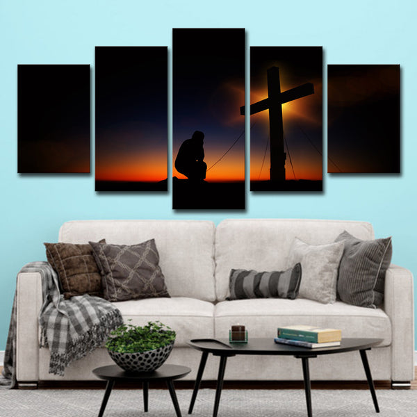 Cuadro Óleo Atardecer con Cruz de Cristo para Sala de Estar