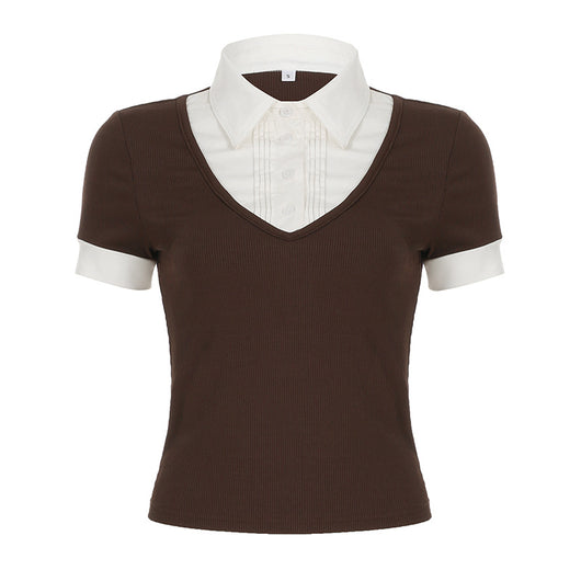 Playera Polo Retro Americana con Costuras Superpuestas para Mujer - Image 5