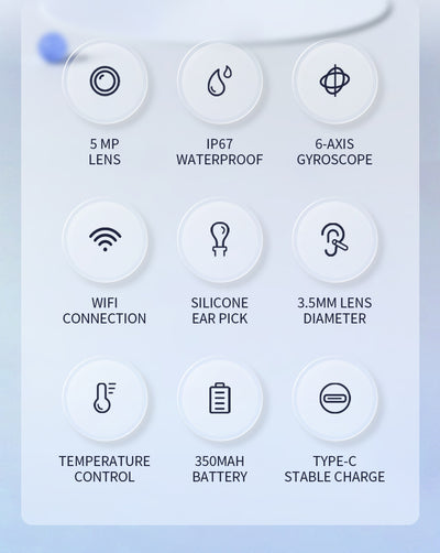 Blue wireless ear endoscope with camera, displaying an ear canal view on a smartphone, with various silicone ear spoon heads, charging cable, and storage jar. - Image 18