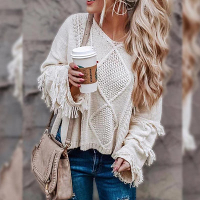 Suéter Mujer Cuello Redondo Manga Larga con Borlas - Diseño Clásico Liso - Image 5