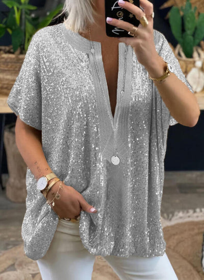 Blusa Casual Suelta con Lentejuelas y Cuello en V - Image 9