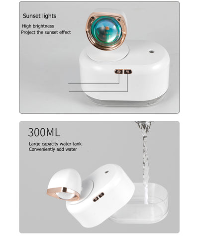 White 2-in-1 mini wireless sunset lamp and air humidifier with a rose gold accent and clear water tank. - Image 18