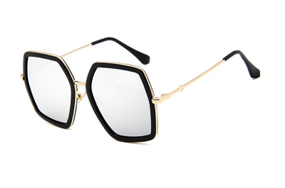 Vintage hexagonal sunglasses with black frames, silver mirrored lenses, and gold-colored metal arms. - Image 10