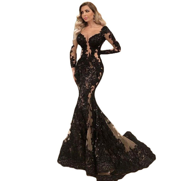 Vestido de Noche Sirena Negro con Encaje y Mangas Largas
