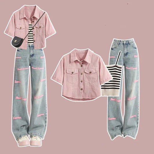 Conjunto de 3 Piezas: Chaqueta Denim de Colores con Tirantes Integrados y Jeans