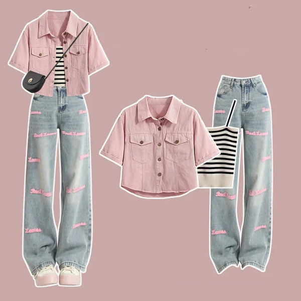 Conjunto de 3 Piezas: Chaqueta Denim de Colores con Tirantes Integrados y Jeans