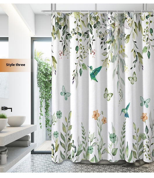 White shower curtain with a vibrant green botanical leaf print, hanging in a bright, modern bathroom. - Image 16