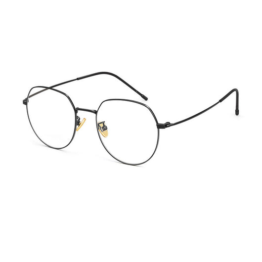 Silver metal anti-blue light glasses with rounded hexagonal clear lenses and black temple tips on a white background. - Image 5