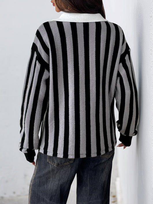Suéter Unisex de Rayas Verticales con Cuello Solapa - Tejido Cálido para Otoño e Invierno - Image 10